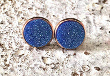 Load image into Gallery viewer, Gold &amp; Blue Glitter earrings, 12mm earrings, sparkle earrings, stud earrings, circle earring, blue earrings, royal blue, blue jewelry, blue