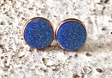 Gold & Blue Glitter earrings, 12mm earrings, sparkle earrings, stud earrings, circle earring, blue earrings, royal blue, blue jewelry, blue