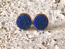 Load image into Gallery viewer, Gold &amp; Blue Glitter earrings, 12mm earrings, sparkle earrings, stud earrings, circle earring, blue earrings, royal blue, blue jewelry, blue