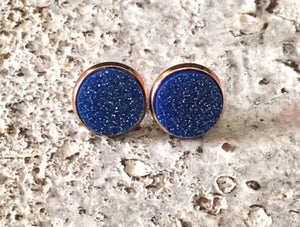 Gold & Blue Glitter earrings, 12mm earrings, sparkle earrings, stud earrings, circle earring, blue earrings, royal blue, blue jewelry, blue