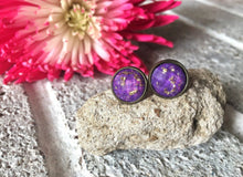 Load image into Gallery viewer, Purple &amp; Gold Foil earrings, 12mm earrings, resin earrings, colorful earring, chunky earring, gold foil, gold earrings, dark purple, jewelry