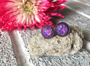 Purple & Gold Foil earrings, 12mm earrings, resin earrings, colorful earring, chunky earring, gold foil, gold earrings, dark purple, jewelry