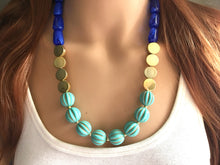 Load image into Gallery viewer, Blue Big Bead Necklace, gold Strand Statement Jewelry Chunky bib, bridesmaid necklace, turquoise jewelry, beaded jewelry
