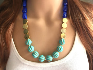 Blue Big Bead Necklace, gold Strand Statement Jewelry Chunky bib, bridesmaid necklace, turquoise jewelry, beaded jewelry