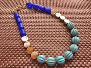 Blue Big Bead Necklace, gold Strand Statement Jewelry Chunky bib, bridesmaid necklace, turquoise jewelry, beaded jewelry