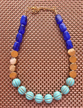 Load image into Gallery viewer, Blue Big Bead Necklace, gold Strand Statement Jewelry Chunky bib, bridesmaid necklace, turquoise jewelry, beaded jewelry