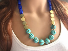 Load image into Gallery viewer, Blue Big Bead Necklace, gold Strand Statement Jewelry Chunky bib, bridesmaid necklace, turquoise jewelry, beaded jewelry