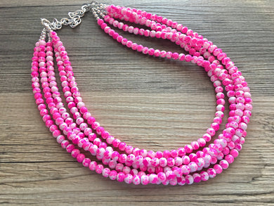 Hot Pink TIE DYE 5 strand Beaded Statement Necklace, Chunky Bib white and Pink Multi-Strand Jewelry Light swirl, neon pink jewelry
