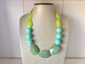 Lime Green, Mint, mojito Big Bead Necklace, single Strand Statement Jewelry, green and mint sorority Chunky bib, green bridesmaid wedding