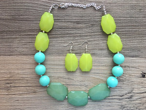 Lime Green, Mint, mojito Big Bead Necklace, single Strand Statement Jewelry, green and mint sorority Chunky bib, green bridesmaid wedding