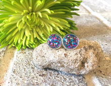 Load image into Gallery viewer, Confetti Glitter earrings, 12mm earrings, sparkle earrings, stud earrings, circle earring, pink earrings, pink blue green earrings