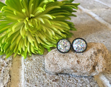 Load image into Gallery viewer, Black &amp; Silver Glitter earrings, 12mm earrings, sparkle earrings, stud earrings, circle earring, silver earrings, silver glitter, rainbow