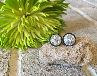 Black & Silver Glitter earrings, 12mm earrings, sparkle earrings, stud earrings, circle earring, silver earrings, silver glitter, rainbow