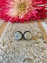 Load image into Gallery viewer, Black &amp; Silver Glitter earrings, 12mm earrings, sparkle earrings, stud earrings, circle earring, silver earrings, silver glitter, rainbow