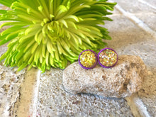 Load image into Gallery viewer, Purple &amp; Gold Glitter earrings, 12mm earrings, resin earrings, colorful earrings, chunky earrings, circle earring, gold earrings purple gold