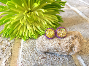 Purple & Gold Glitter earrings, 12mm earrings, resin earrings, colorful earrings, chunky earrings, circle earring, gold earrings purple gold