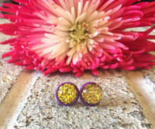 Load image into Gallery viewer, Purple &amp; Gold Glitter earrings, 12mm earrings, resin earrings, colorful earrings, chunky earrings, circle earring, gold earrings purple gold