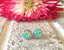 Load image into Gallery viewer, Green &amp; Pink Confetti earrings, 12mm earrings, resin earrings, colorful earrings, chunky earrings, circle earring, pink earrings, mint studs