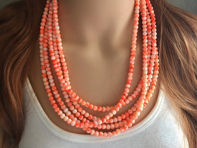 Neon Orange TIE DYE 5 strand Beaded Statement Necklace, Chunky Bib white and Orange Multi-Strand Jewelry Light swirl, neon coral jewelry