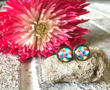 Load image into Gallery viewer, Watercolor Geometric earrings, 12mm earrings, sparkle earrings, stud earrings, circle earring, silver earrings, rainbow earrings