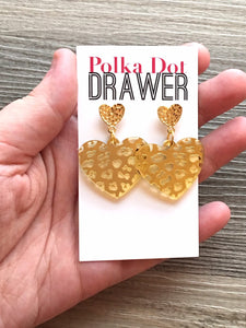 Gold Animal Print Heart Acrylic statement earrings, Geometric bead Statement acetate colorful jewelry leopard drop hook earrings