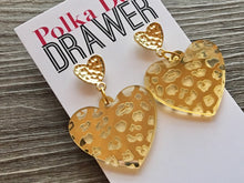 Load image into Gallery viewer, Gold Animal Print Heart Acrylic statement earrings, Geometric bead Statement acetate colorful jewelry leopard drop hook earrings
