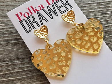 Gold Animal Print Heart Acrylic statement earrings, Geometric bead Statement acetate colorful jewelry leopard drop hook earrings