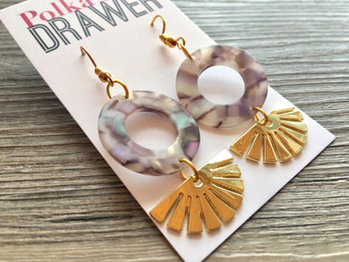 Gold Sunburst + Brown Acrylic statement earrings, Geometric bead Statement acetate colorful jewelry leopard drop hook earrings