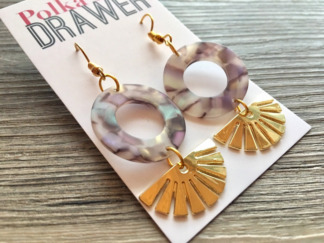 Gold Sunburst + Brown Acrylic statement earrings, Geometric bead Statement acetate colorful jewelry leopard drop hook earrings