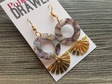 Load image into Gallery viewer, Gold Sunburst + Brown Acrylic statement earrings, Geometric bead Statement acetate colorful jewelry leopard drop hook earrings