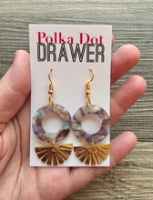 Load image into Gallery viewer, Gold Sunburst + Brown Acrylic statement earrings, Geometric bead Statement acetate colorful jewelry leopard drop hook earrings
