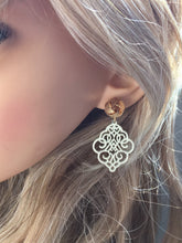 Load image into Gallery viewer, Gold Love Knot + Cream filigree Drop earrings, oval earrings, gold geometric earrings pierced dangle drop Statement, off white metal