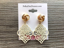 Load image into Gallery viewer, Gold Love Knot + Cream filigree Drop earrings, oval earrings, gold geometric earrings pierced dangle drop Statement, off white metal