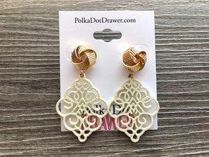 Gold Love Knot + Cream filigree Drop earrings, oval earrings, gold geometric earrings pierced dangle drop Statement, off white metal