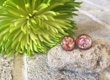 Load image into Gallery viewer, Red &amp; Gold Confetti earrings, 12mm earrings, resin earrings, colorful earrings, chunky earrings, circle earring, gold earrings, red jewelry