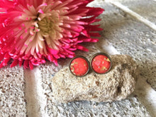 Load image into Gallery viewer, Red &amp; Gold Foil stud earrings, 12mm earrings, resin earrings, red earrings, chunky earrings, gold foil, gold earrings, red jewelry, red gold