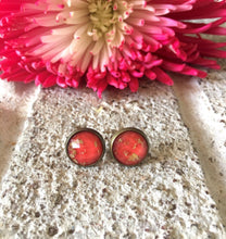 Load image into Gallery viewer, Red &amp; Gold Foil stud earrings, 12mm earrings, resin earrings, red earrings, chunky earrings, gold foil, gold earrings, red jewelry, red gold