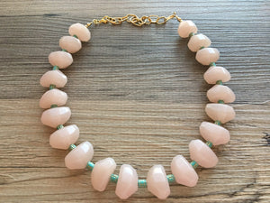 Vintage Big Bead pink Necklace, Single Strand Statement Jewelry, pink Chunky bib bridesmaid, light pink necklace, turquoise accent