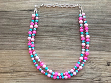 Load image into Gallery viewer, Turquoise Blue &amp; Neon Pink 2 strand Beaded Statement Necklace, Chunky Bib white and Teal Multi-Strand Jewelry tie dye, pink jewelry