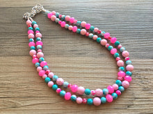 Load image into Gallery viewer, Turquoise Blue &amp; Neon Pink 2 strand Beaded Statement Necklace, Chunky Bib white and Teal Multi-Strand Jewelry tie dye, pink jewelry