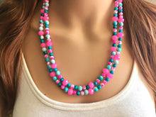 Load image into Gallery viewer, Turquoise Blue &amp; Neon Pink 2 strand Beaded Statement Necklace, Chunky Bib white and Teal Multi-Strand Jewelry tie dye, pink jewelry