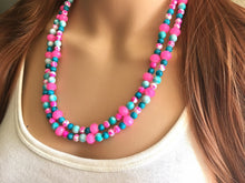 Load image into Gallery viewer, Turquoise Blue &amp; Neon Pink 2 strand Beaded Statement Necklace, Chunky Bib white and Teal Multi-Strand Jewelry tie dye, pink jewelry