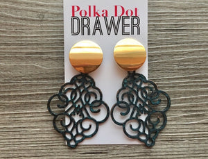 Shiny vintage Filigree Earrings, gold drop Metal Filigree Earrings, filigree jewelry, metallic gold jewelry cutout lace earrings geometric