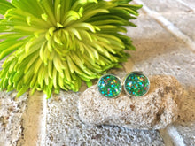 Load image into Gallery viewer, Planet Earth Glitter earrings, 12mm earrings, resin earrings, colorful earrings, chunky earrings, circle earring, green blue orange earrings