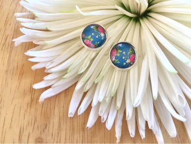 Floral earrings, 12mm earrings, sparkle earrings, stud earrings, circle earring, silver earrings, blue earrings, floral earrings, rose