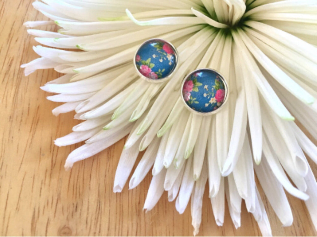 Floral earrings, 12mm earrings, sparkle earrings, stud earrings, circle earring, silver earrings, blue earrings, floral earrings, rose