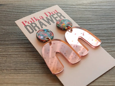 Pink Mirror Rainbow + Rainbow confetti Statement Earrings, Gold drop Earrings, shiny jewelry earrings metal geometric sparkle pride