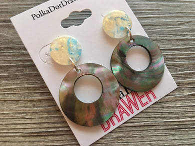 Mosaic Acrylic Print + Shell Geometric bead Statement, colorful jewelry stencil drop hook earrings round circle abalone beads