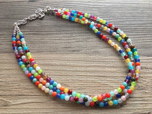 Load image into Gallery viewer, Triple Rainbow Beaded Necklace, Colorful Jewelry, Chunky statement necklace, beaded necklace, rainbow jewelry, rainbow baby confetti