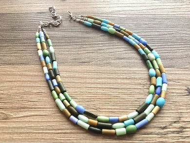 Chunky Earth Tone Glass Statement Necklace, multi Strand Beaded Jewelry, Blue jewelry, brown necklace, blue green tube necklace